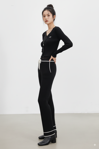 Prix d'usine Salopette large à cordon de serrage en tricot côtelé pour femme, bordure contrastée, taille élastique, vêtement d'intérieur en Spandex/Coton, style urbain - Product Image 4