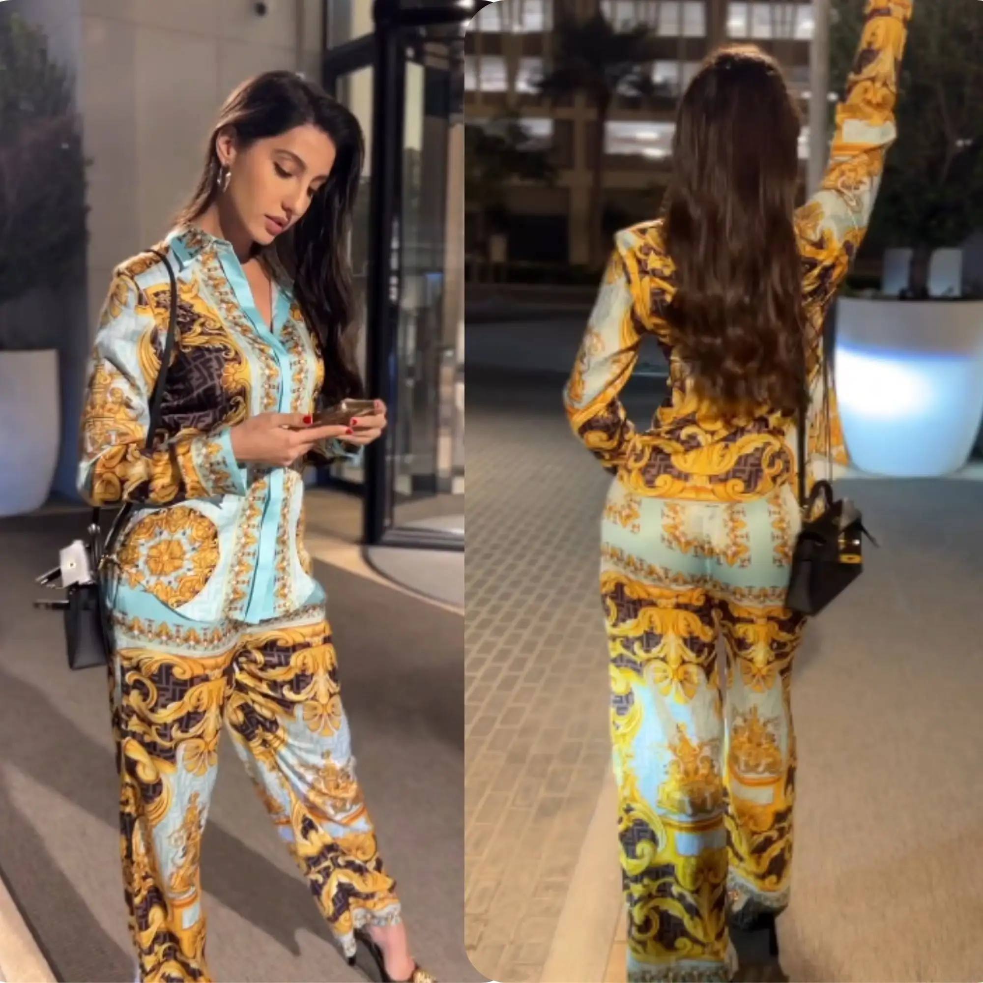 Imported Luxury Gold Rich Print Shirt Style Soft Silk Top + Pant Women Casual Wear Branded Coord Sets