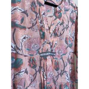 Chemisier ample à plis pour femme en satin de soie et lin imprimé floral corail – Chemise de bureau formelle taille XL pour l'automne - Product Image 2