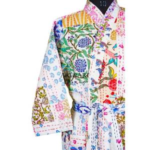 Indian Hand Block Kantha Print Bohemian Design Thermal Lightweight Elegant Cotton <b>Kimono</b> <b>Robe</b> with Natural Hand Printed Fabric - Product Image 5