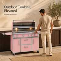 Barbecue à gaz rose en acier inoxydable, cuisinière d'extérieur à 5 brûleurs, chariot mobile avec étagères latérales et tiroirs de rangement