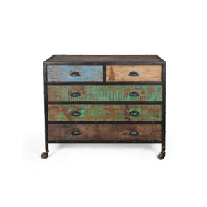 Cajón industrial hecho de madera maciza recuperada y hierro metálico con base de ruedas duradera para almacenamiento rústico móvil - Product Image 6