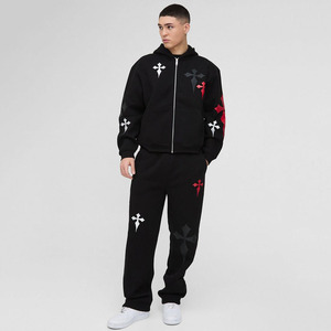 Sudadera con capucha para hombre Pantalones de chándal Jogger Set & Cargo Pant Chándal de gran tamaño Boxy Cross Bordado Impreso Zip Through Hooded Chándal - Product Image 1