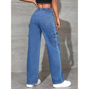 Jeans Cargo de Mezclilla para Mujer, Color Azul Piedra, Cintura Alta, 6 Bolsillos, Corte Holgado, Transpirables, Ecológicos, Estilo Vintage, Tallas 26 a 40 - Product Image 3