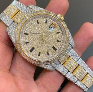 Montre Hip Hop de Luxe Antique en Moissanite Givrée, Acier Inoxydable Bicolore Or et Argent, Cadran en Verre, Diamant Moissanite VVS, Cadran Date - Product Image 1