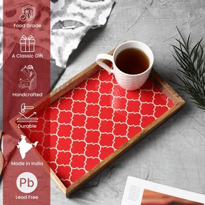 Plateau rectangulaire en bois de mangue rouge marocain, plateau de service en bois imprimé pour la décoration de la maison et l'organisation des ustensiles de cuisine et cadeau - Product Image 2