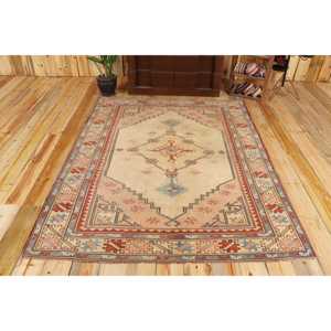 Turkish Vintage Rug, 5,2x6,5 ft Area Rug, <b>Red</b> Blue Striped <b>Wool</b> Rug - Product Image 1