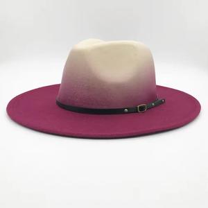 หมวกปีกกว้างผ้าขนแกะสไตล์ปานามา, หมวกคาวบอยไล่ระดับสีหมวกแจ๊สขนนกย้อนยุค - Product Image 1