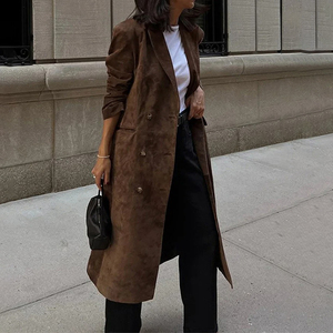 Abrigos largos de solapa Retro con cinturón para mujer, chaquetas de doble botonadura, abrigo de bolsillo de piel sintética, abrigo de otoño 2025 para mujer, nuevas prendas de vestir exteriores - Product Image 2