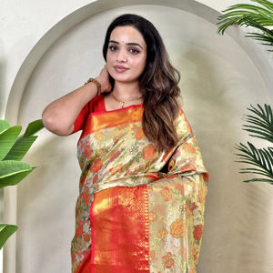 Indio Bollywood tradicional exclusivo Kanchipuram seda Sari elegante nupcial boda fiesta desgaste dorado Jari trabajo blusa étnica - Product Image 1