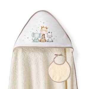 Ensemble Serviette de Bain et Bavoir Bébé Jirafa-Bicicleta+Cartoon, Usage Domestique, Coton Hypoallergénique Imprimé pour Nouveau-né, Beige - Product Image 1