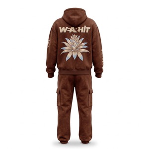 Conjunto de Chándal Holgado con Estampado DTG, Sudadera con Cremallera de Cuarto y Pedrería, Pantalones Cargo de Felpa 420 GSM, Color Castaño, Logotipo Personalizado - Product Image 2