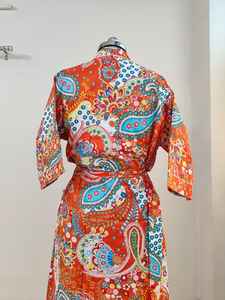 Robe kimono d'été pour femme, 100% coton, col en V, manches courtes, longueur totale, imprimé floral indien, lavable en machine, décontractée, classique - Product Image 5