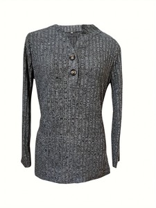 Camiseta acanalada con cuello en V en la parte delantera del botón, camiseta informal de manga larga para primavera y otoño, ropa de mujer - Product Image 3