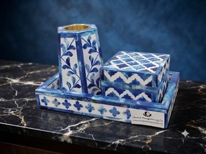 Ensemble brûle-encens Bakhoor en résine bleu et blanc avec incrustation de os, plateau porte-encens, décoration islamique pour la maison, coffret cadeau - Product Image 1