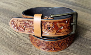 เข็มขัดหนังลายดอกไม้สีน้ำตาลงานแฮนด์เมดคุณภาพสูงของขวัญแบบตะวันตกสำหรับผู้ชายหนังแท้ขายส่งจากผู้ผลิต - Product Image 3