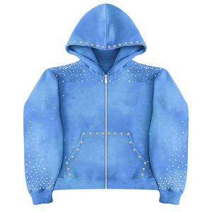 Sweat à capuche homme en molleton épais polyester/coton respirant à séchage rapide pour l'hiver, avec logo personnalisé, délavage acide, strass et rivets intégrés - Product Image 2