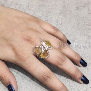 Joyería de piedra cruda Anillo de mujer Citrino natural Piedra preciosa en bruto Piedra natal de Noviembre Joyería de piedra triple Anillo de plata esterlina 925 - Product Image 4