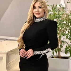 Vestido de Noche de Satén con Cuello Alto de Diseñador de Lujo para Mujer, Vestido de Novia Negro con Cuentas y Decoración de Encaje, Colección de Fiesta Larga - Product Image 3