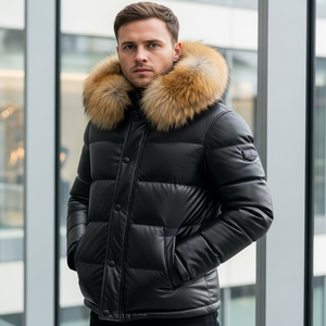 Blouson en cuir matelassé noir avec capuche en fourrure de renard brun, respirant, décontracté, pour homme - Product Image 5