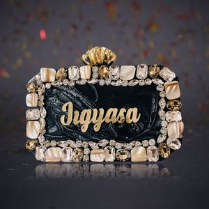 กระเป๋าคลัทช์ลูกปัดสีทองสุดหรูสำหรับสุภาพสตรีลายเรซินหินอ่อนรูปทรงเรขาคณิต - Product Image 4