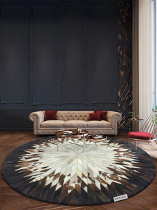 Tapis rond en cuir de vachette fait main Tapis rond en cuir de vachette Patchwork Cheveux sur cuir de vachette Tapis blanc marron - Product Image 2