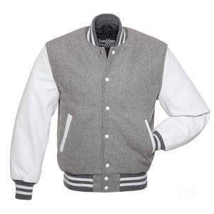 Chaqueta Universitaria Personalizada para Hombre, Cortavientos, Cuerpo de Lana, Forro Acolchado de Satén, Mangas de Cuero y Lona, Estilo Bomber Gris para Invierno - Product Image 4