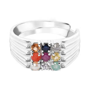 NOVAMART Fine 92.5 Sterling Silver Adjustable <b>Ring</b> for <b>Men</b> Boys Natural Certified Navratna Stone Nine Gems Boho <b>Emerald</b> Cut Plat - Product Image 1