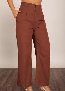Pantalon en lin léger pour femme, nouveau style, marron, coupe droite décontractée, taille élastique, grandes tailles disponibles, bouton tissé tendance - Product Image 4