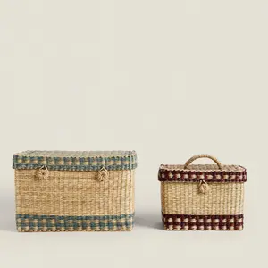 Natural Set of 2 Seagrass Storage Baskets With Lid Stipes Box And Storage Baskets Items Holder Storage Container