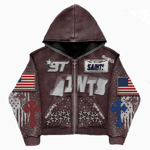 Rhinestone Custom Stingless Thick Cotton Acid Wash Hoodie Men Screen Print Logo Heavyweight Fleece Vintage Distressed Hoodie - Product Image 4