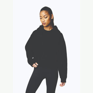 Ourlet brut épaule tombante 52% Airlume peigné et anneau filé coton 48% Poly polaire gris foncé femmes recadrée polaire à capuche - Product Image 2