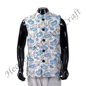 Chaqueta de algodón Kantha acolchada hecha a mano para hombre, técnica de punto con estampado Floral, Chaqueta de algodón con estampado de bloque corto transpirable de invierno - Product Image 2