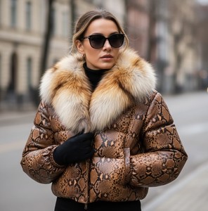 Veste fine en cuir véritable à carreaux pour femme avec col en fourrure de renard, fermeture éclair coupe-vent, vêtement d'extérieur d'hiver, streetwear - Product Image 3
