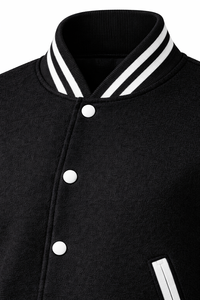 แจ็คเก็ตวาร์ซิตี้สีดำขาวแบบกำหนดเอง แจ็คเก็ตเลตเตอร์แมนผ้าขนสัตว์ผสม แจ็คเก็ตเบสบอลติดกระดุมแบบสแนป รับผลิตแบบ OEM แบรนด์ส่วนตัว ขายส่ง - Product Image 3