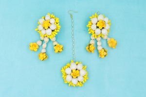 Handmade <b>Pakistani</b> Bridal Floral <b>Jewelry</b> Set Yellow Mehndi for Wedding and Haldi Includes Necklace Ring Earrings Tikka - Product Image 2