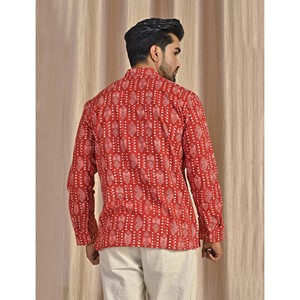 Kurta court en coton popeline rouge imprimé pour homme, chemise décontractée à manches longues, respirante et confortable - Product Image 6