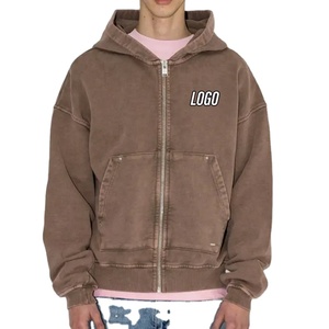 Vêtements de rue personnalisé lavage à l'acide goutte épaule surdimensionné Unique élégant fermeture éclair à capuche coton lourd vierge sweats à capuche à la mode - Product Image 1