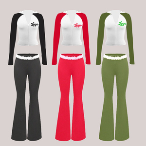 Conjunto de Top Corto de Manga Larga con Ribete en Contraste y Leggings Acampanados para Mujer, Color Sólido, Secado Rápido, Cuello Redondo, Manga Larga, Corte Regular - Product Image 6