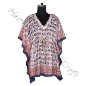 100% coton femmes vêtements de nuit main bloc imprimé caftan robe KFCS103 poids léger femmes décontracté Occasion porter courte Caftan robe - Product Image 3