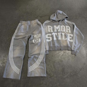 Ensemble sweat-shirt et pantalon baggy personnalisé avec logo brodé et patchs en strass, ourlet brut superposé, effet délavé au soleil, unisexe, hiver, poids lourd - Product Image 1