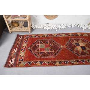 Turkish Vintage Rug, 2.8x9.6 ft Herki Rug, <b>Red</b> Blue Check <b>Wool</b> Rug - Product Image 5