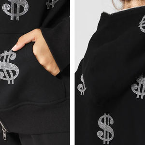 Sudadera con capucha bordada con diamantes de imitación, ropa de calle, Sudadera con capucha, forro polar de algodón, cara completa, cremallera, sudaderas con capucha de gran tamaño Unisex - Product Image 5