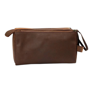 Sac à cosmétiques vintage en cuir véritable marron avec fermeture éclair, grande capacité, pratique, durable, poignée souple - Product Image 3