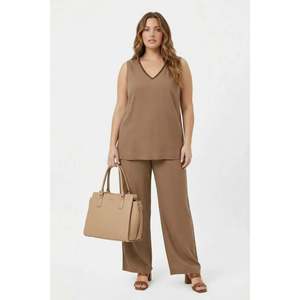 Bead Detailed Collar Plus Size Women's Blouse and Trousers Set Mink - Product Image 1
