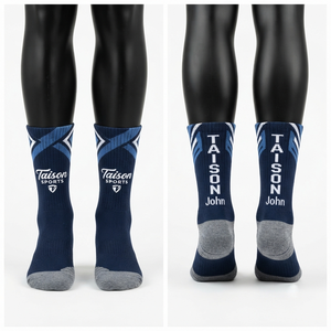Chaussettes de lacrosse haut de gamme en coton, polyester, nylon et élasthanne 380 GSM, logo tricoté personnalisé, design à panneaux bleus - Product Image 1