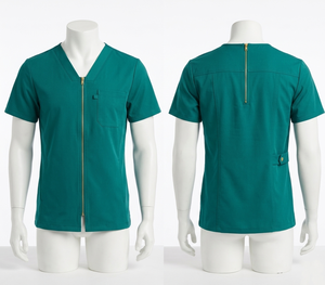 เสื้อสครับสีเทาผ้าโพลีคอตตอนนุ่ม 175 GSM แต่งขอบสีชมพู คอวี ปักโลโก้ด้วยความร้อนตามแบบที่กำหนด - Product Image 5