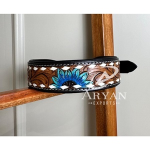 Handcrafted <b>Padded</b> Leather Tooled Dog Collar with Blue Sunflower Premium Genuine Leather Handmade Floral Heavy Duty Dog Collars - Product Image 1
