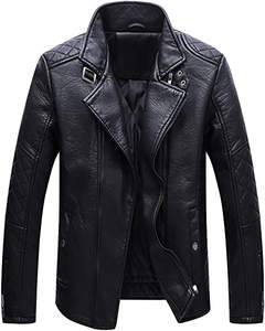 Chaqueta de cuero PU de moda informal para hombre con doble cremallera cuello levantado al aire libre diseño clásico lienzo tejido recubierto procesamiento - Product Image 1