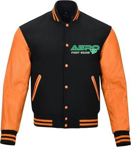 Elegante chaqueta universitaria para hombre, cómoda cazadora de algodón y lana con mangas de cuero y logotipo frontal de letra personalizado - Product Image 5